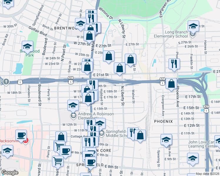map of restaurants, bars, coffee shops, grocery stores, and more near 2824 Market Street in Jacksonville