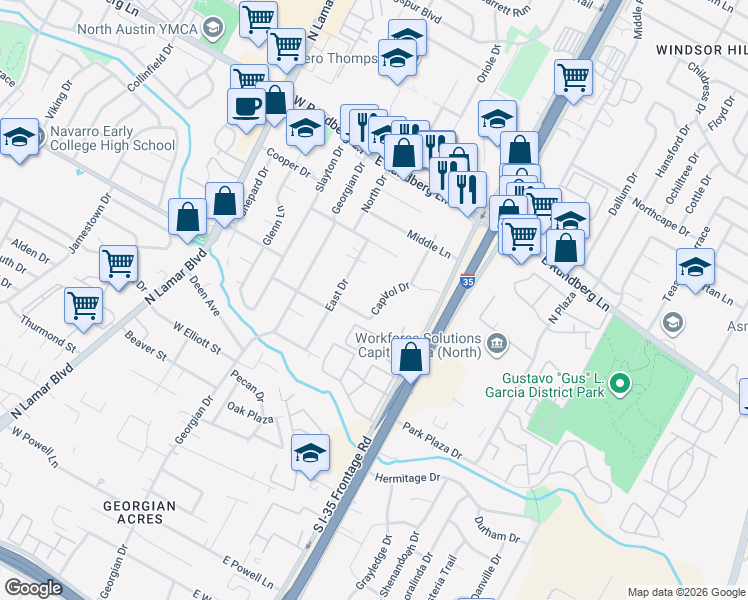 map of restaurants, bars, coffee shops, grocery stores, and more near 8908 Capitol Drive in Austin