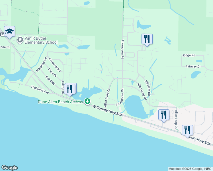 map of restaurants, bars, coffee shops, grocery stores, and more near 31 Dolphin Drive in Santa Rosa Beach