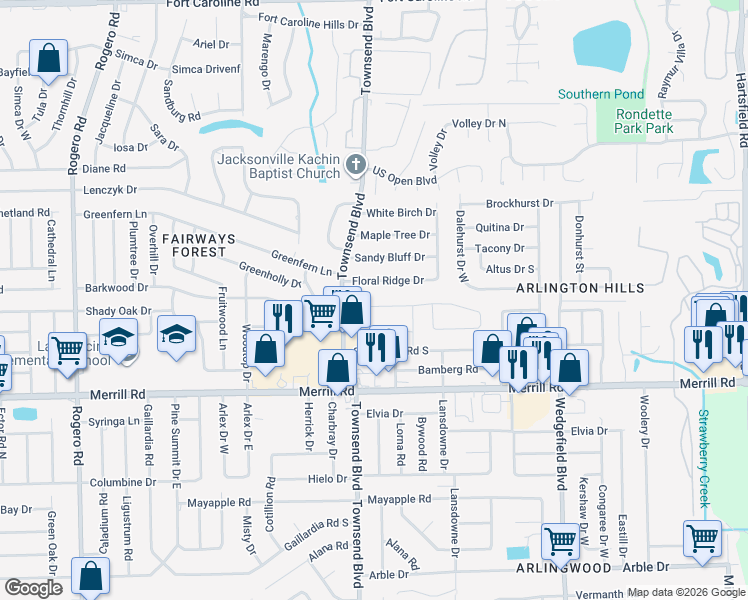 map of restaurants, bars, coffee shops, grocery stores, and more near 7203 Stonehurst Road North in Jacksonville