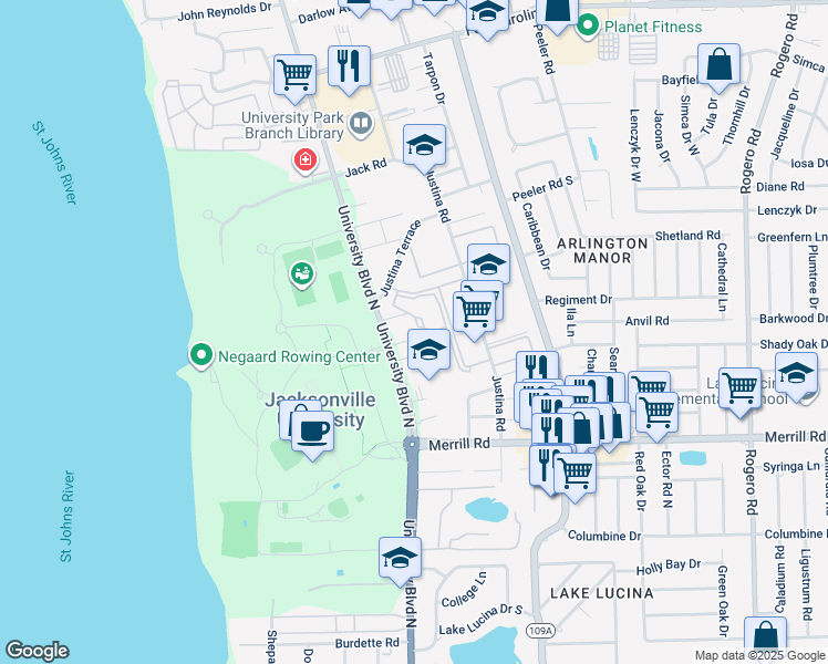 map of restaurants, bars, coffee shops, grocery stores, and more near 3105 University Boulevard North in Jacksonville