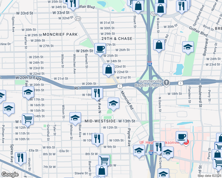 map of restaurants, bars, coffee shops, grocery stores, and more near 2924 West 20th Street Expressway in Jacksonville
