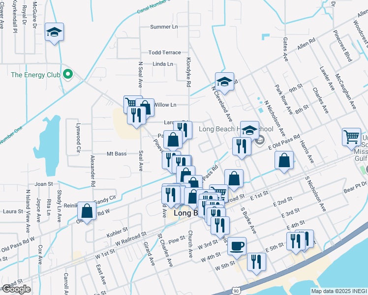 map of restaurants, bars, coffee shops, grocery stores, and more near 229 Klondyke Rd in Long Beach