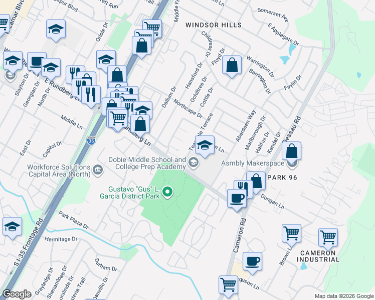 map of restaurants, bars, coffee shops, grocery stores, and more near 1110 Village Green Drive in Austin