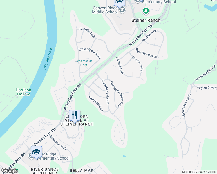 map of restaurants, bars, coffee shops, grocery stores, and more near 1213 Horseback Hollow in Austin