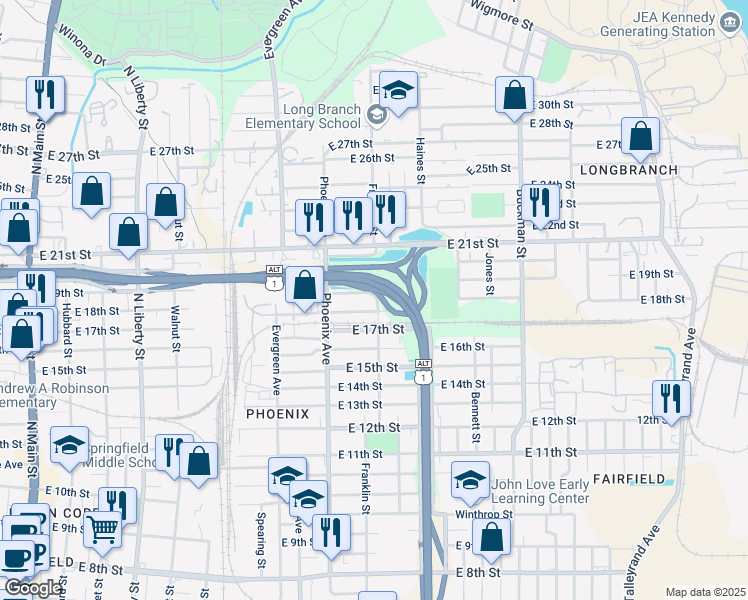 map of restaurants, bars, coffee shops, grocery stores, and more near 2822 Franklin Street in Jacksonville