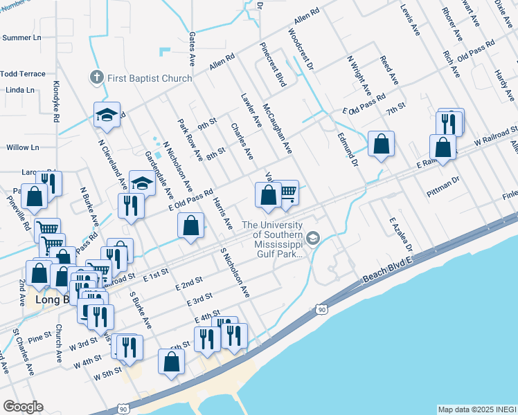map of restaurants, bars, coffee shops, grocery stores, and more near 118 Lassere Circle in Long Beach