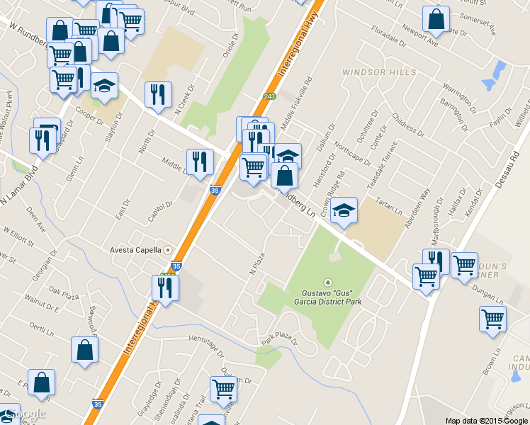 map of restaurants, bars, coffee shops, grocery stores, and more near 9204 N Plaza in Austin
