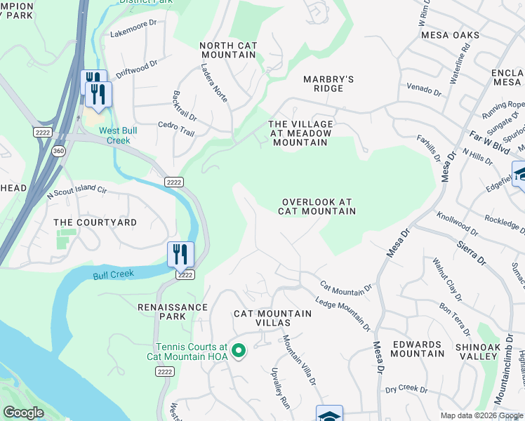 map of restaurants, bars, coffee shops, grocery stores, and more near 4728 Cat Mountain Drive in Austin
