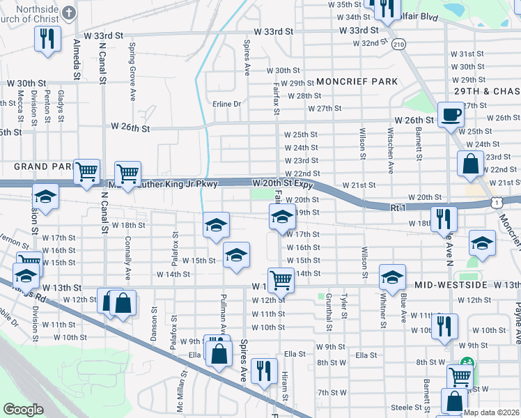 map of restaurants, bars, coffee shops, grocery stores, and more near 1819 West 19th Street in Jacksonville