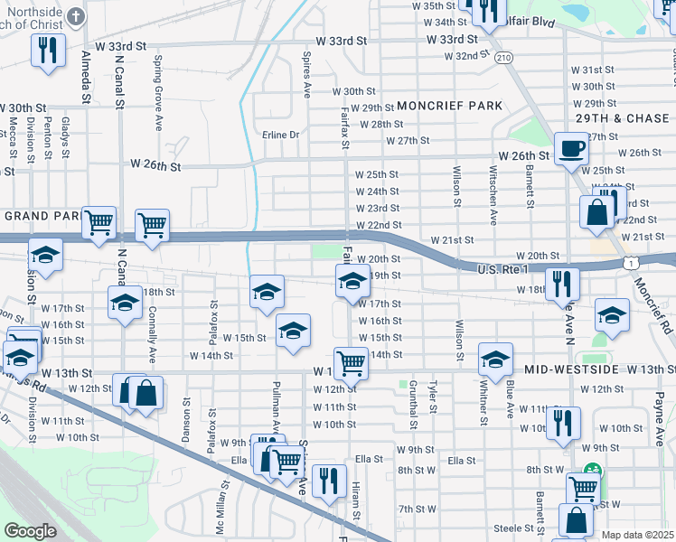 map of restaurants, bars, coffee shops, grocery stores, and more near 1819 West 19th Street in Jacksonville