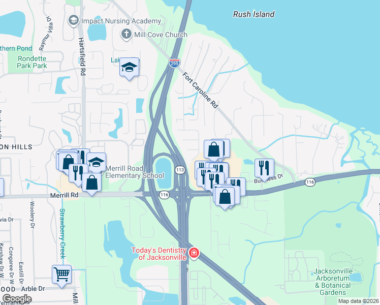 map of restaurants, bars, coffee shops, grocery stores, and more near 9154 Upstream Court in Jacksonville