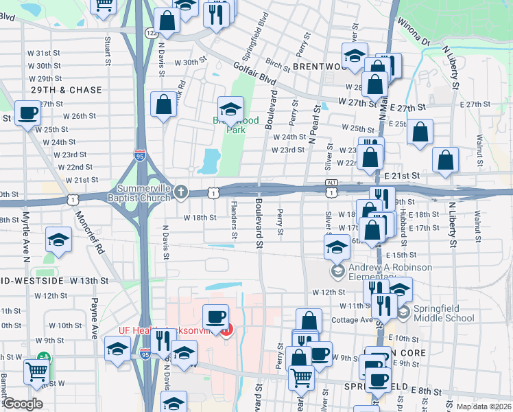 map of restaurants, bars, coffee shops, grocery stores, and more near 2820 Boulevard Street in Jacksonville