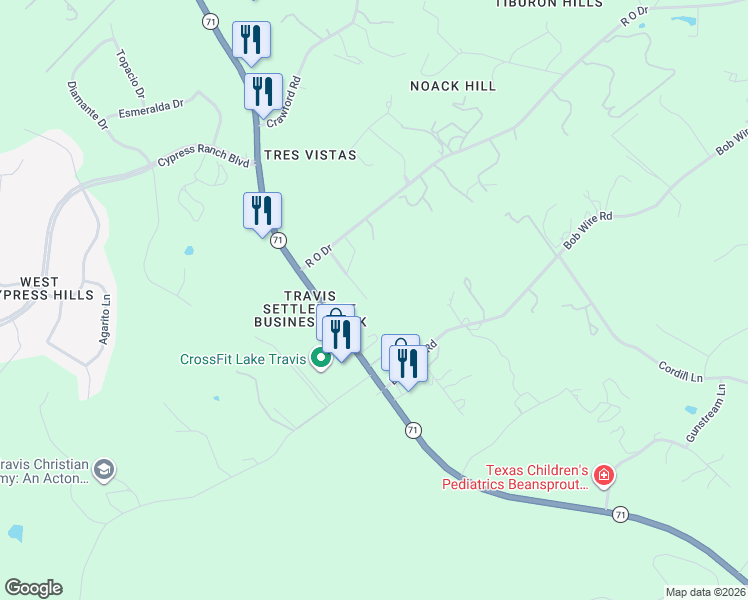 map of restaurants, bars, coffee shops, grocery stores, and more near 21300 Crestmont in Spicewood