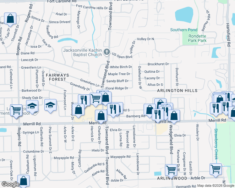 map of restaurants, bars, coffee shops, grocery stores, and more near 7247 Stonehurst Road North in Jacksonville