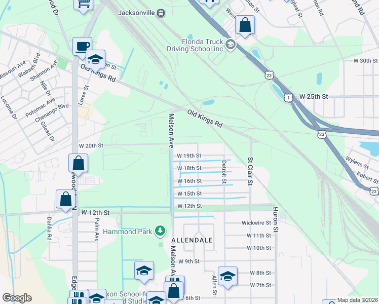 map of restaurants, bars, coffee shops, grocery stores, and more near 3119 W 19th St in Jacksonville