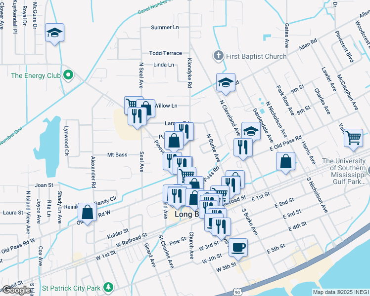 map of restaurants, bars, coffee shops, grocery stores, and more near 229 Klondyke Road in Long Beach