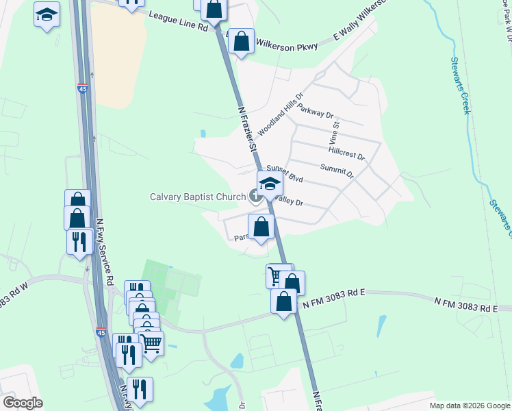 map of restaurants, bars, coffee shops, grocery stores, and more near 3401 North Frazier Street in Conroe