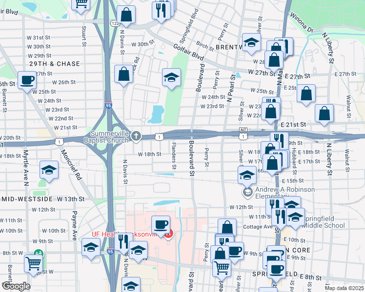 map of restaurants, bars, coffee shops, grocery stores, and more near 530 West 19th Street in Jacksonville