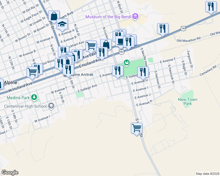 map of restaurants, bars, coffee shops, grocery stores, and more near 701-799 East Avenue H in Alpine