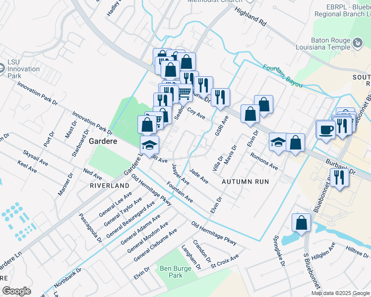 map of restaurants, bars, coffee shops, grocery stores, and more near 1428 Jade Avenue in Baton Rouge