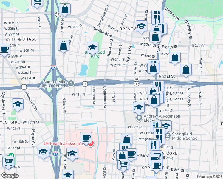 map of restaurants, bars, coffee shops, grocery stores, and more near 402 West 19th Street in Jacksonville
