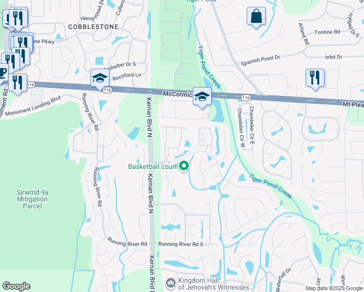 map of restaurants, bars, coffee shops, grocery stores, and more near 12301 Kernan Forest Boulevard in Jacksonville