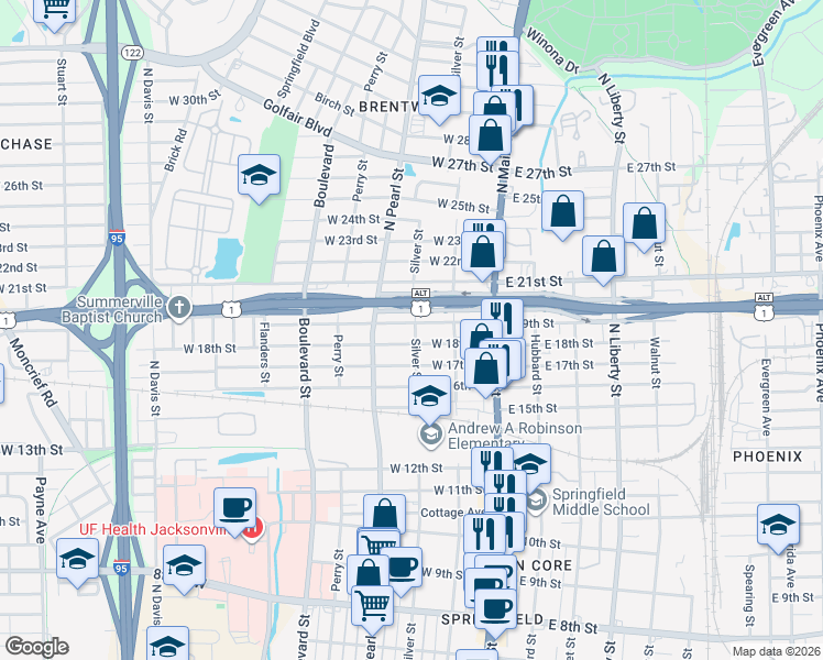 map of restaurants, bars, coffee shops, grocery stores, and more near 2820 Silver Street in Jacksonville