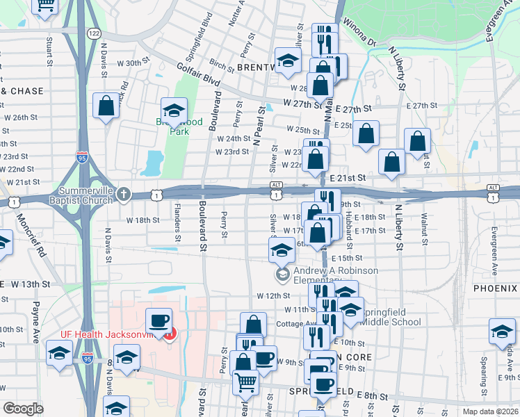 map of restaurants, bars, coffee shops, grocery stores, and more near 2818 North Pearl Street in Jacksonville
