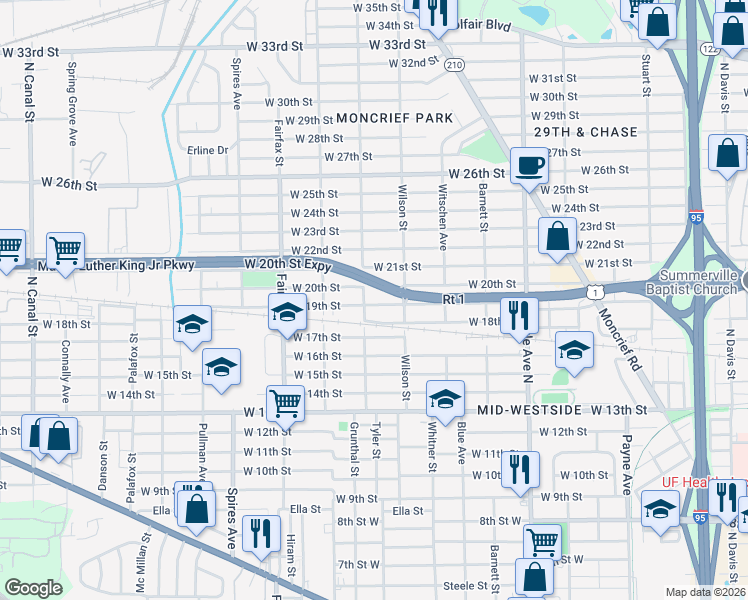 map of restaurants, bars, coffee shops, grocery stores, and more near 1587 West 19th Street in Jacksonville