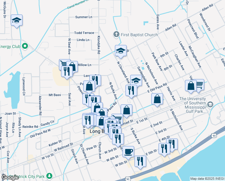 map of restaurants, bars, coffee shops, grocery stores, and more near 300 Meadowood Circle in Long Beach