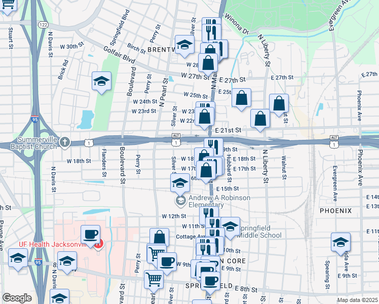 map of restaurants, bars, coffee shops, grocery stores, and more near 102 West 19th Street in Jacksonville