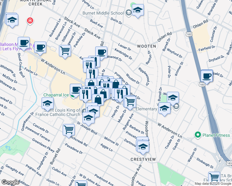map of restaurants, bars, coffee shops, grocery stores, and more near 2020 West Anderson Lane in Austin