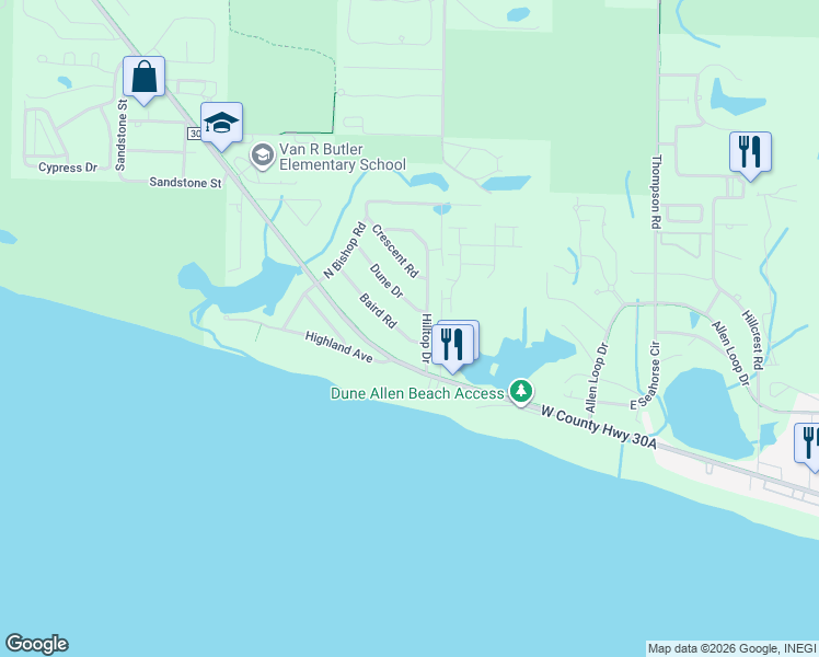 map of restaurants, bars, coffee shops, grocery stores, and more near 68 Baird Road in Santa Rosa Beach