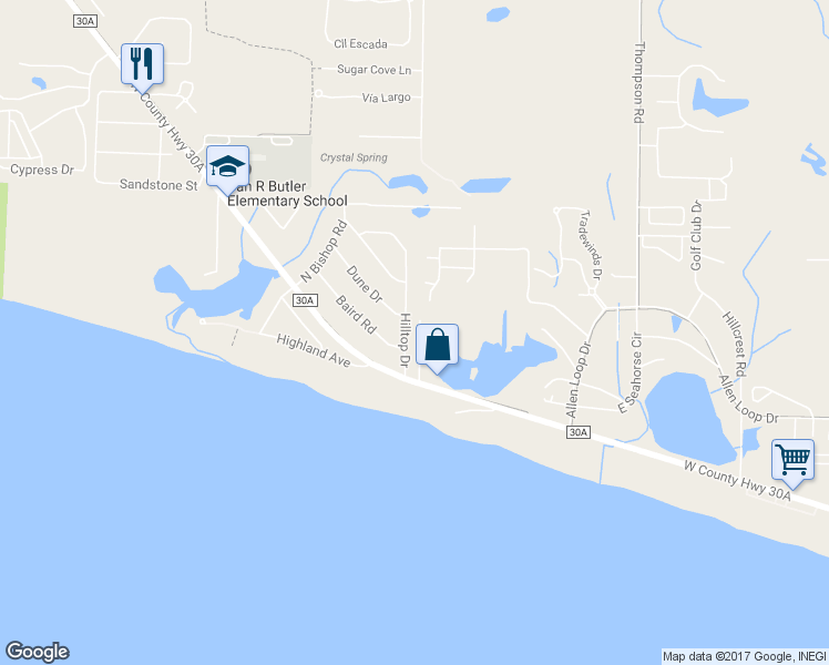 map of restaurants, bars, coffee shops, grocery stores, and more near 110 Hilltop Drive in Santa Rosa Beach