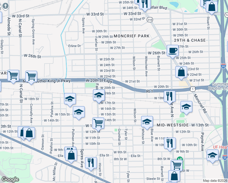 map of restaurants, bars, coffee shops, grocery stores, and more near 1643 W 19th St in Jacksonville