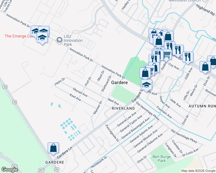 map of restaurants, bars, coffee shops, grocery stores, and more near 1763 Starboard Drive in Baton Rouge