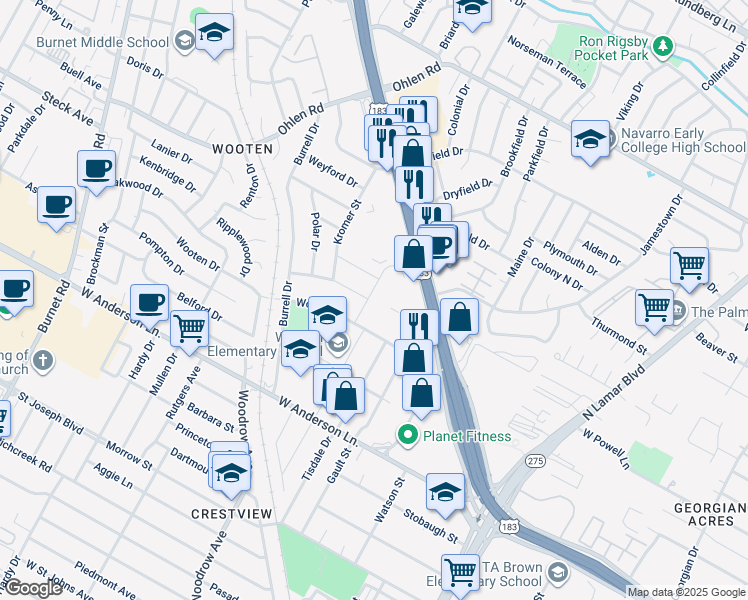 map of restaurants, bars, coffee shops, grocery stores, and more near 8111 Lazy Lane in Austin