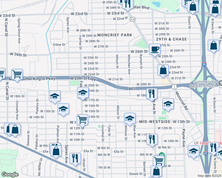map of restaurants, bars, coffee shops, grocery stores, and more near 1575 West 19th Street in Jacksonville
