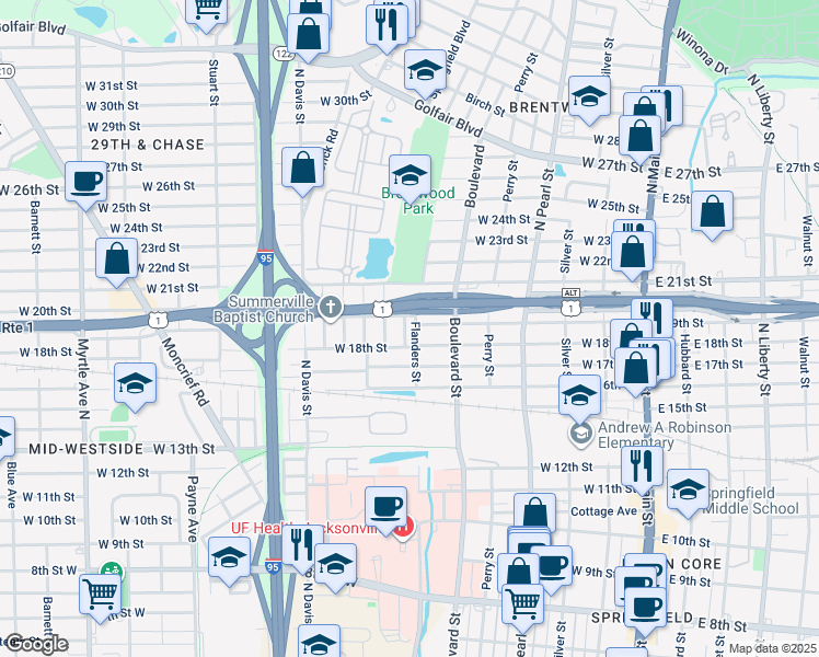 map of restaurants, bars, coffee shops, grocery stores, and more near 2830 Flanders Street in Jacksonville