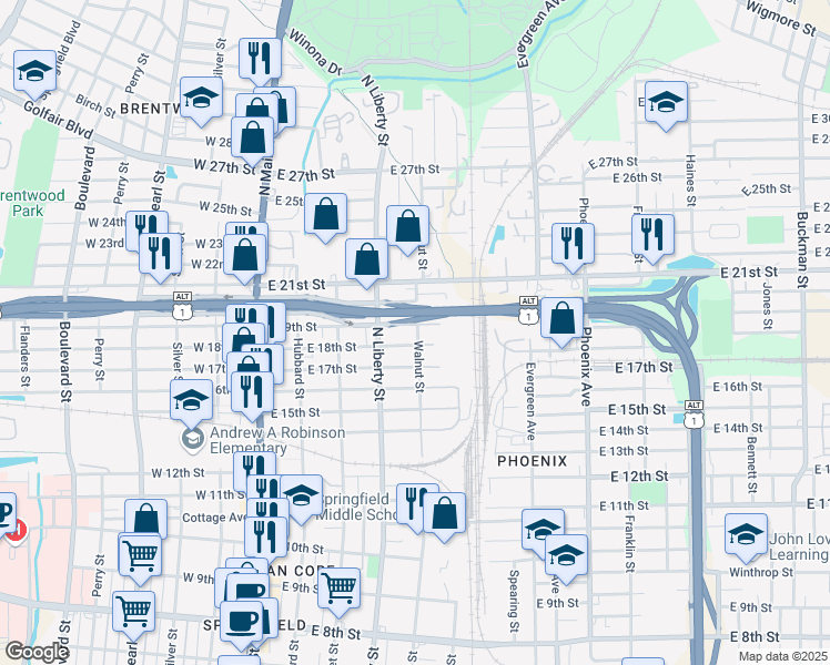 map of restaurants, bars, coffee shops, grocery stores, and more near 2816 Walnut Street in Jacksonville