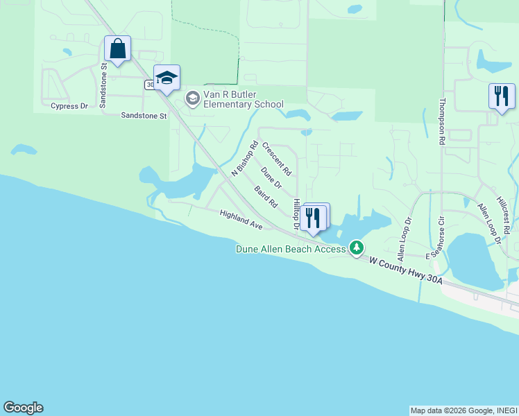 map of restaurants, bars, coffee shops, grocery stores, and more near 6192 West County Highway 30A in Santa Rosa Beach