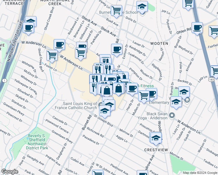 map of restaurants, bars, coffee shops, grocery stores, and more near 7835 Burnet Road in Austin
