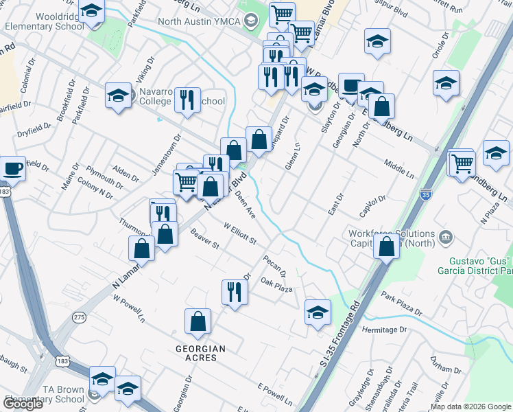 map of restaurants, bars, coffee shops, grocery stores, and more near 502 Deen Avenue in Austin