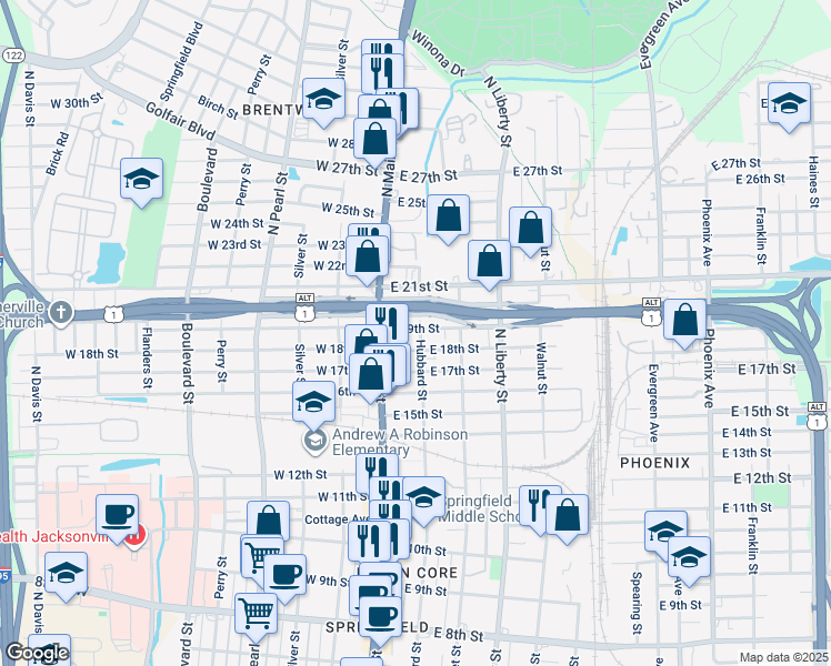 map of restaurants, bars, coffee shops, grocery stores, and more near 2824 Hubbard Street in Jacksonville