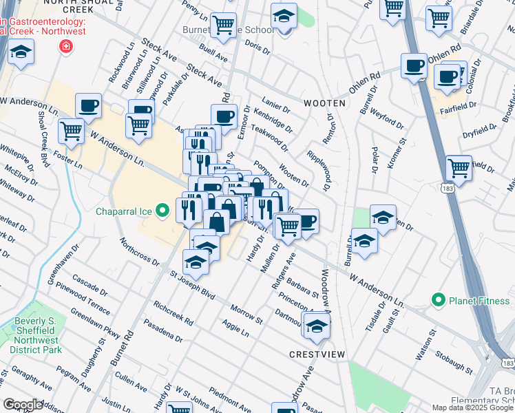 map of restaurants, bars, coffee shops, grocery stores, and more near 2020 West Anderson Lane in Austin