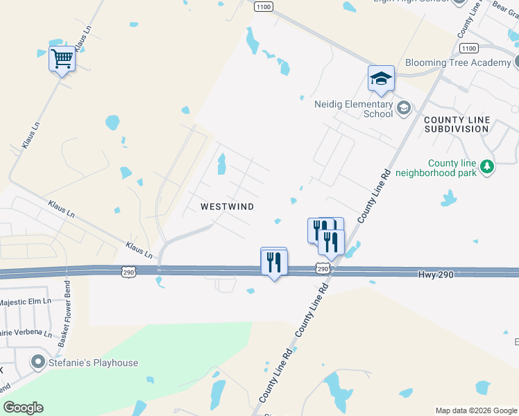 map of restaurants, bars, coffee shops, grocery stores, and more near 18440 Wind Tree Lane in Elgin