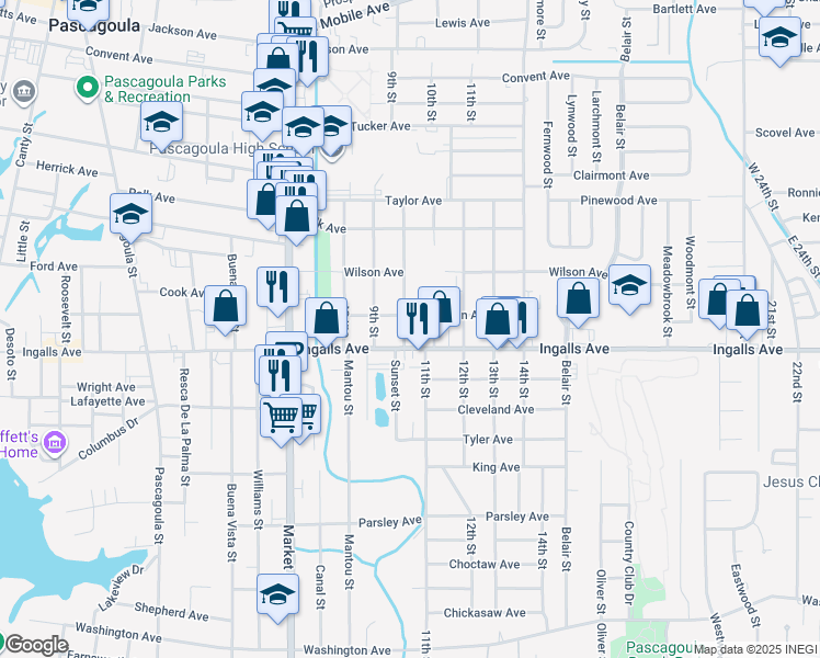 map of restaurants, bars, coffee shops, grocery stores, and more near 1912 10th Street in Pascagoula