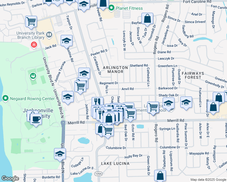 map of restaurants, bars, coffee shops, grocery stores, and more near 6028 Anvil Road in Jacksonville