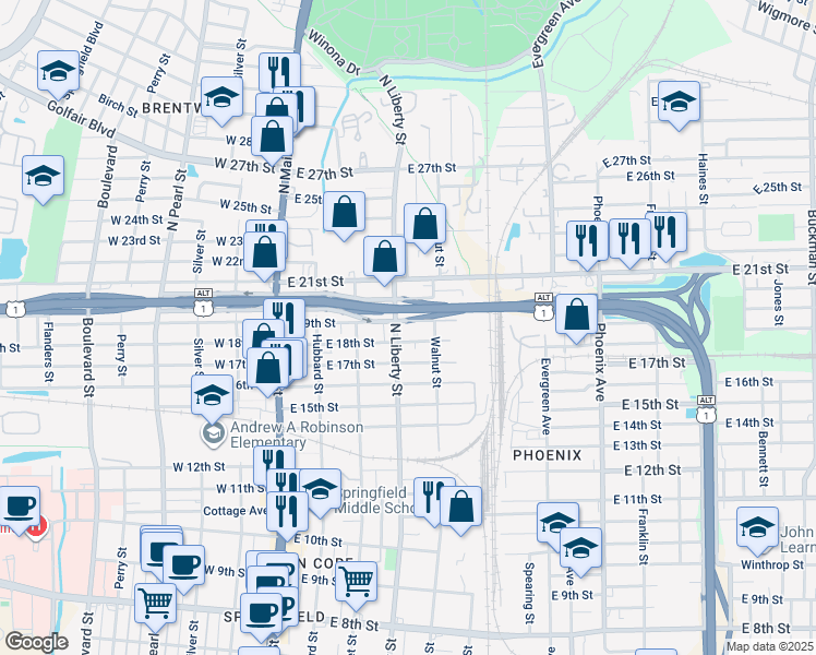 map of restaurants, bars, coffee shops, grocery stores, and more near 2816 Walnut Street in Jacksonville